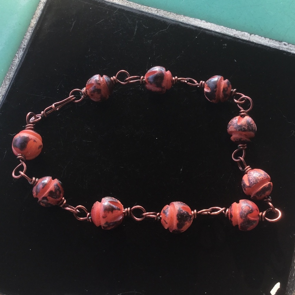 Handmade Carved Red Buri and Copper Bracelet